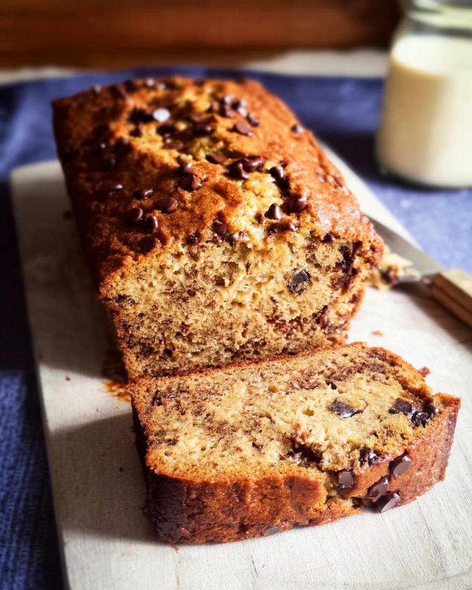 A slice cut from a loaf of Healthy Banana Bread (Whole Wheat) topped with chocolate chips.