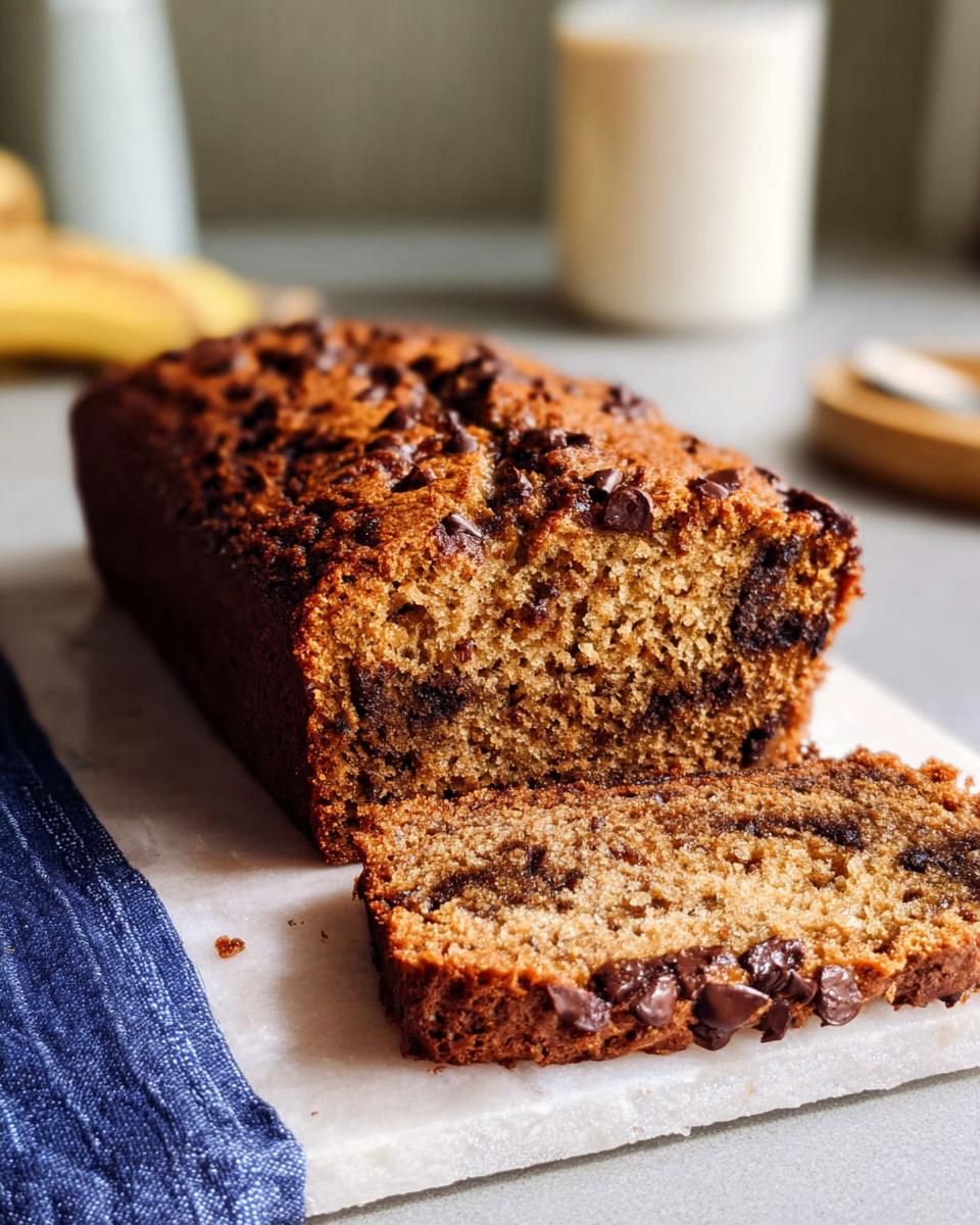 A sliced loaf of moist Healthy Banana Bread (Whole Wheat) studded with chocolate chips, resting on a marble board.