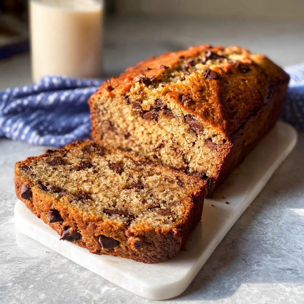 A loaf of moist Healthy Banana Bread (Whole Wheat) with chocolate chips, partially sliced on a marble board.