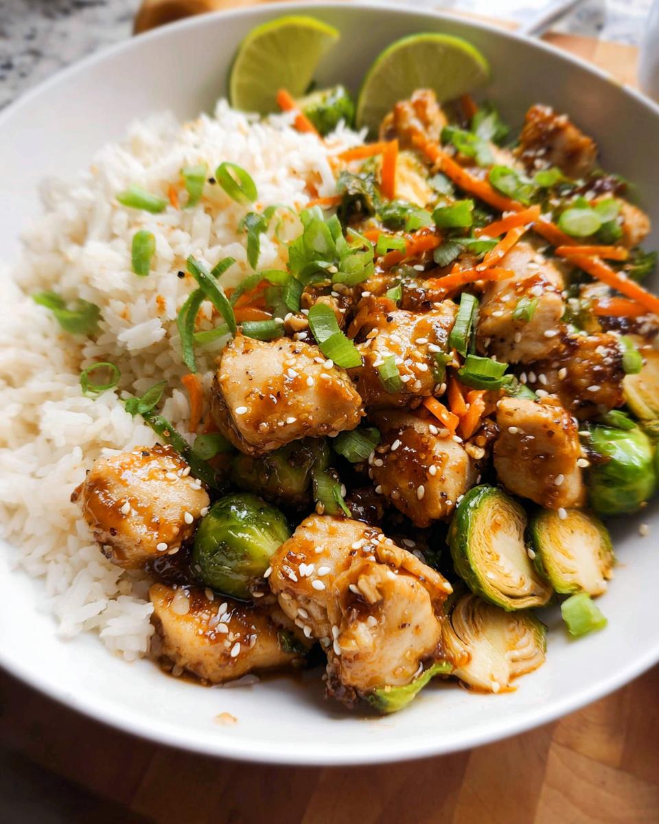 Close-up of a healthy dinner idea featuring glazed chicken, Brussels sprouts, and white rice, topped with sesame seeds.