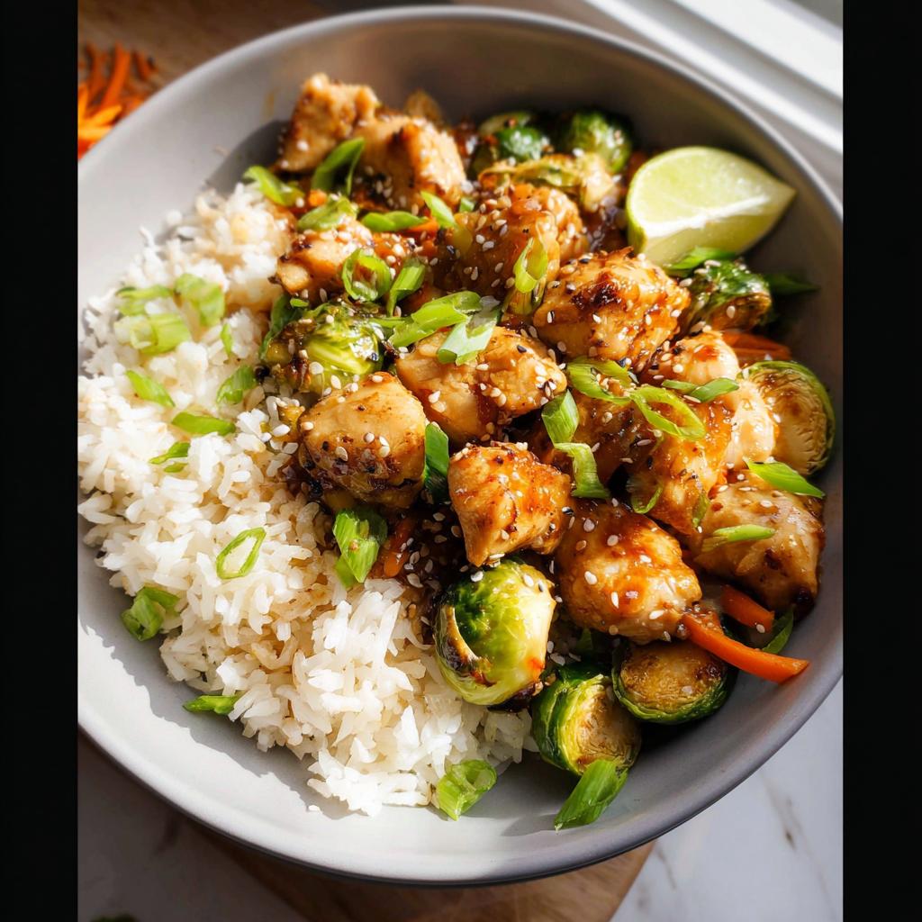 A bowl featuring sesame glazed chicken, roasted Brussels sprouts, and white rice, one of 15 Healthy Dinner Ideas.