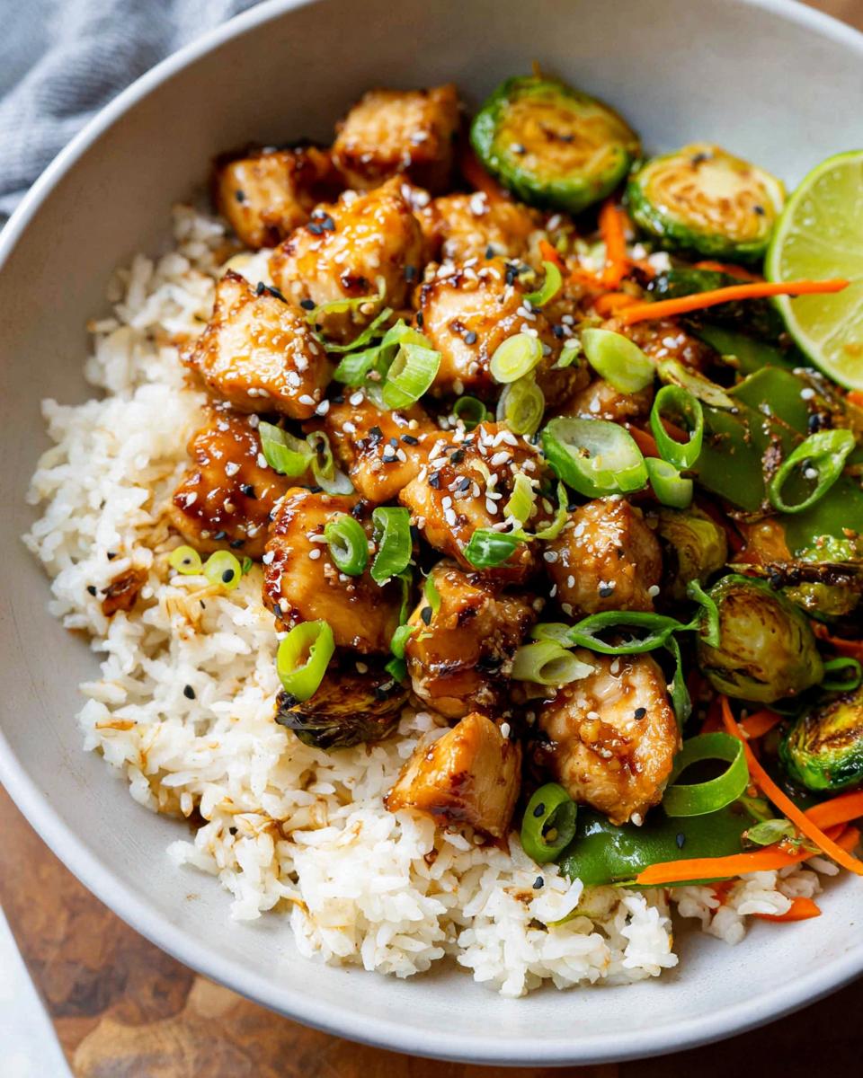 Close-up of a healthy dinner bowl with teriyaki chicken, white rice, roasted Brussels sprouts, and scallions.