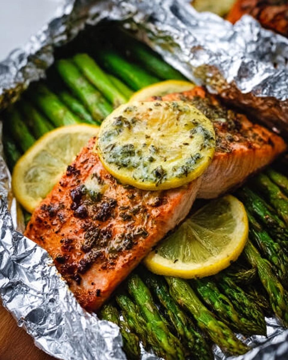 Close-up of cooked Herb Butter Salmon (Foil Pack) resting on bright green asparagus, topped with lemon slices.