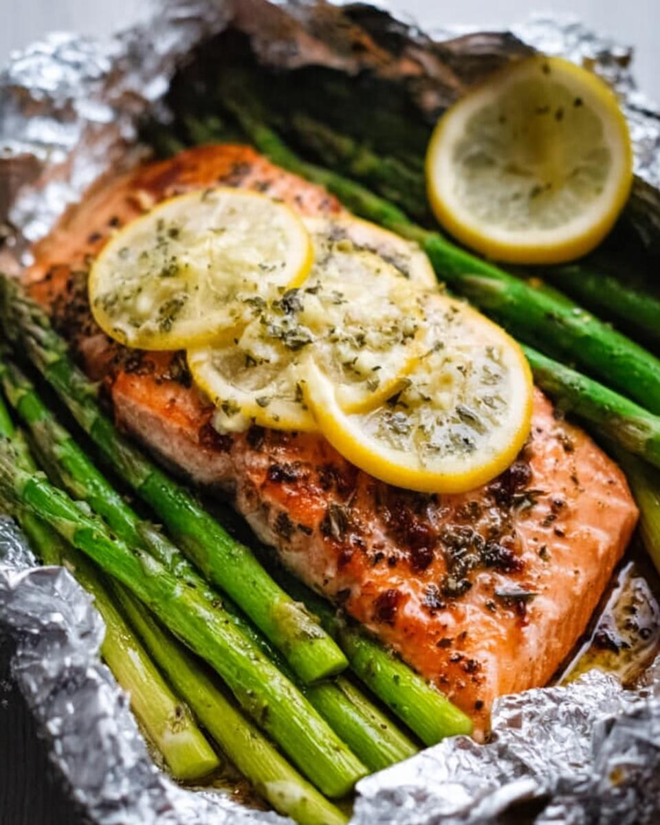 Close-up of cooked Herb Butter Salmon (Foil Pack) topped with lemon slices and served with bright green asparagus.