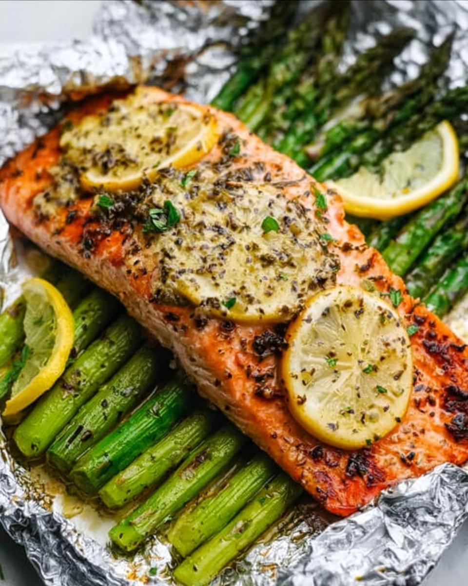 Close-up of cooked Herb Butter Salmon (Foil Pack) topped with herb butter and lemon slices, resting on roasted asparagus.