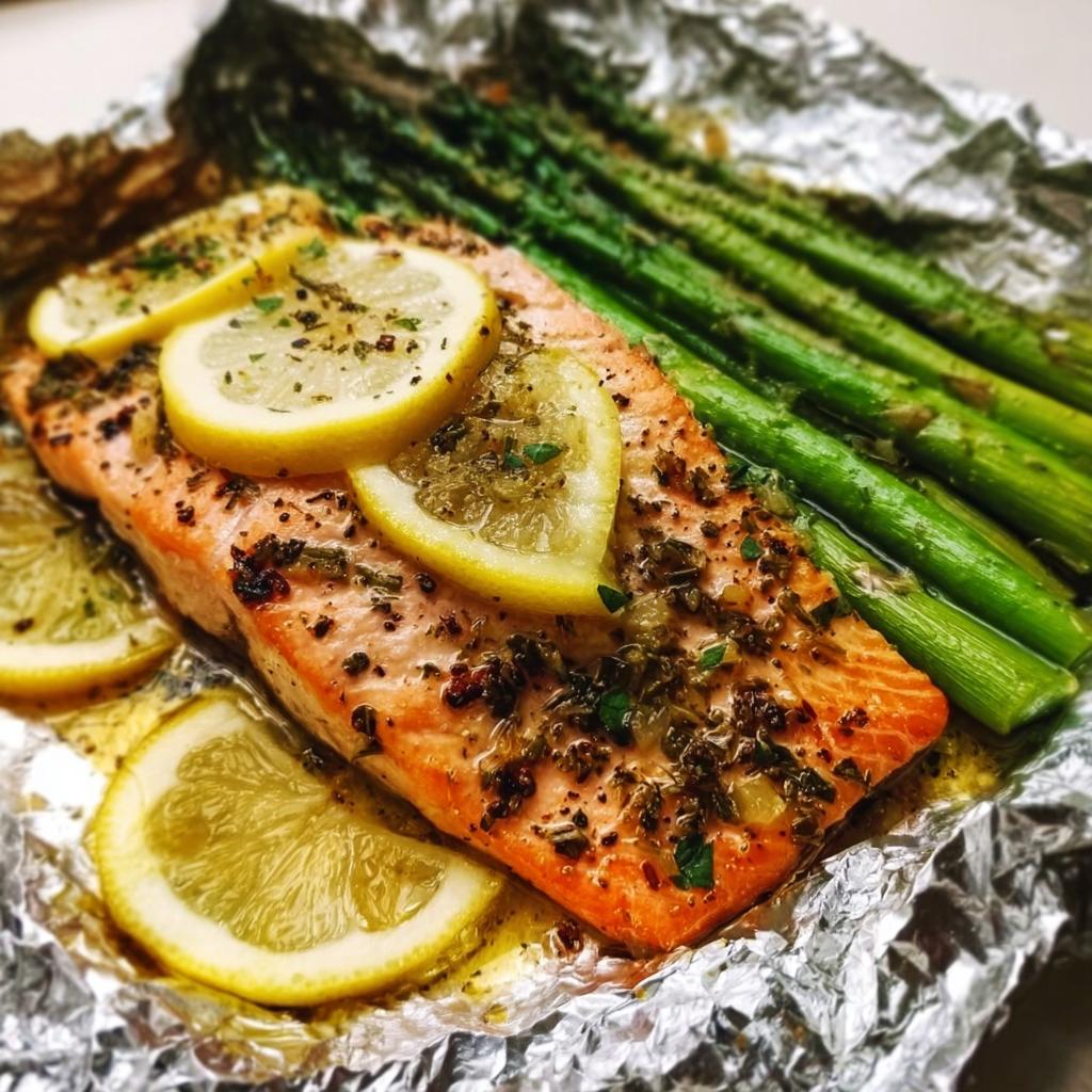 Close-up of cooked Herb Butter Salmon (Foil Pack) topped with lemon slices and served alongside bright green asparagus.