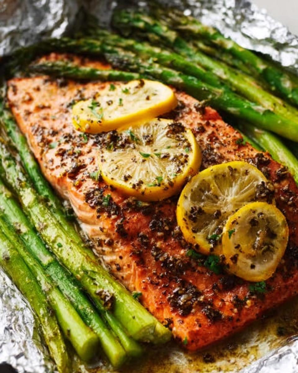Close-up of cooked Herb Butter Salmon (Foil Pack) seasoned with dark herbs and topped with lemon slices, served alongside bright green asparagus.