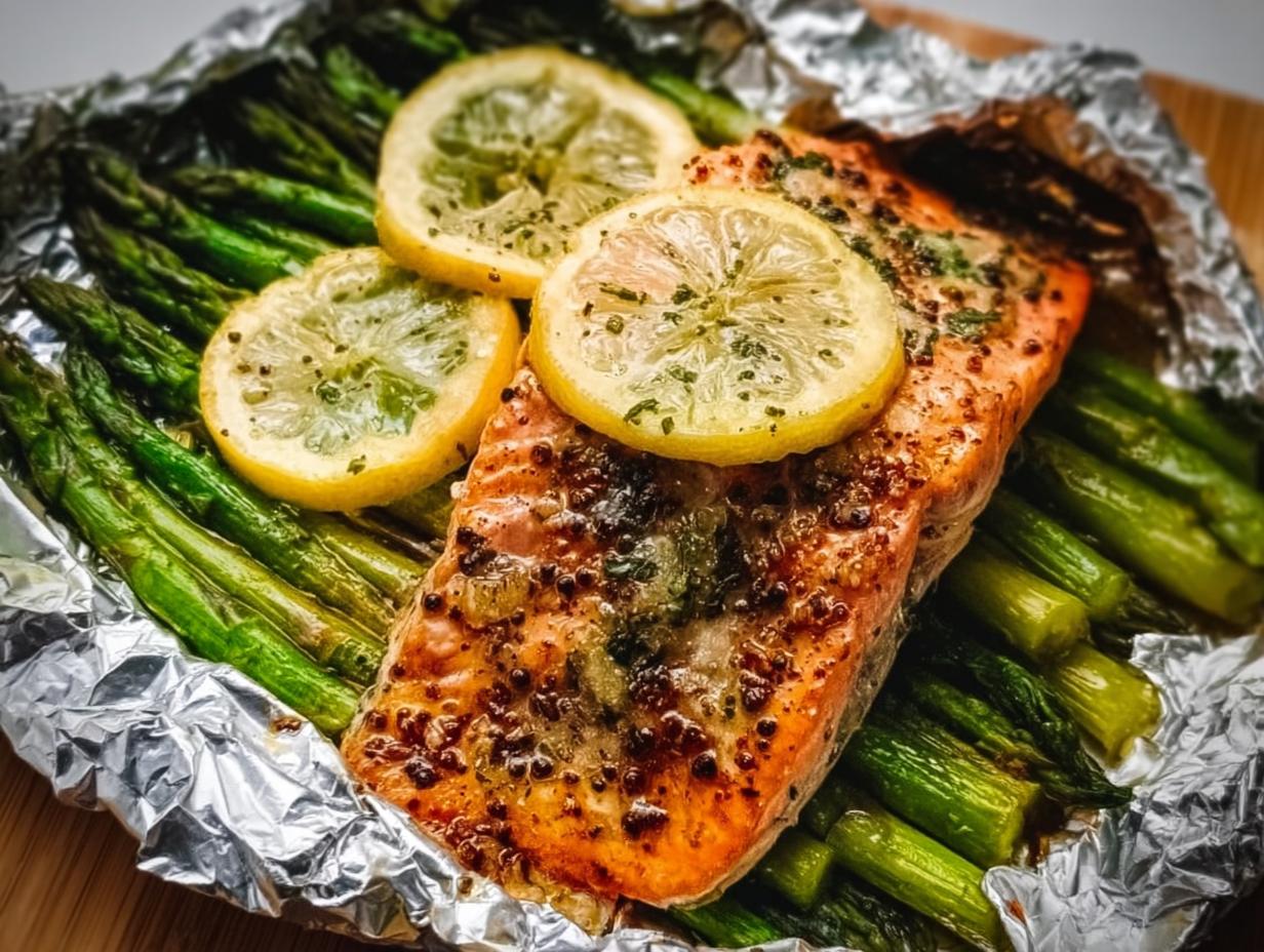 Close-up of a perfectly cooked Herb Butter Salmon (Foil Pack) served with bright green asparagus and topped with lemon slices.