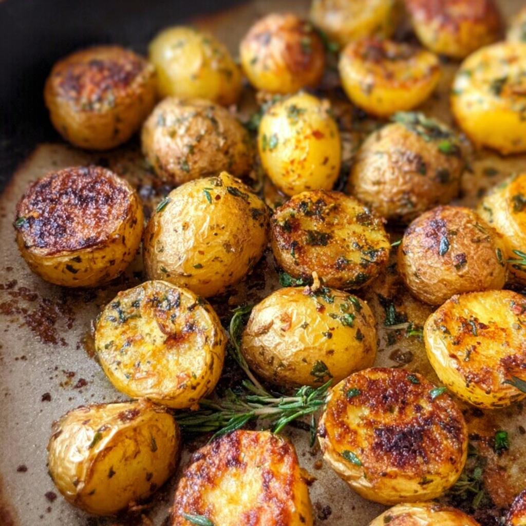 Close-up of golden, crispy Herb Roasted Baby Potatoes seasoned with green herbs on a baking sheet.