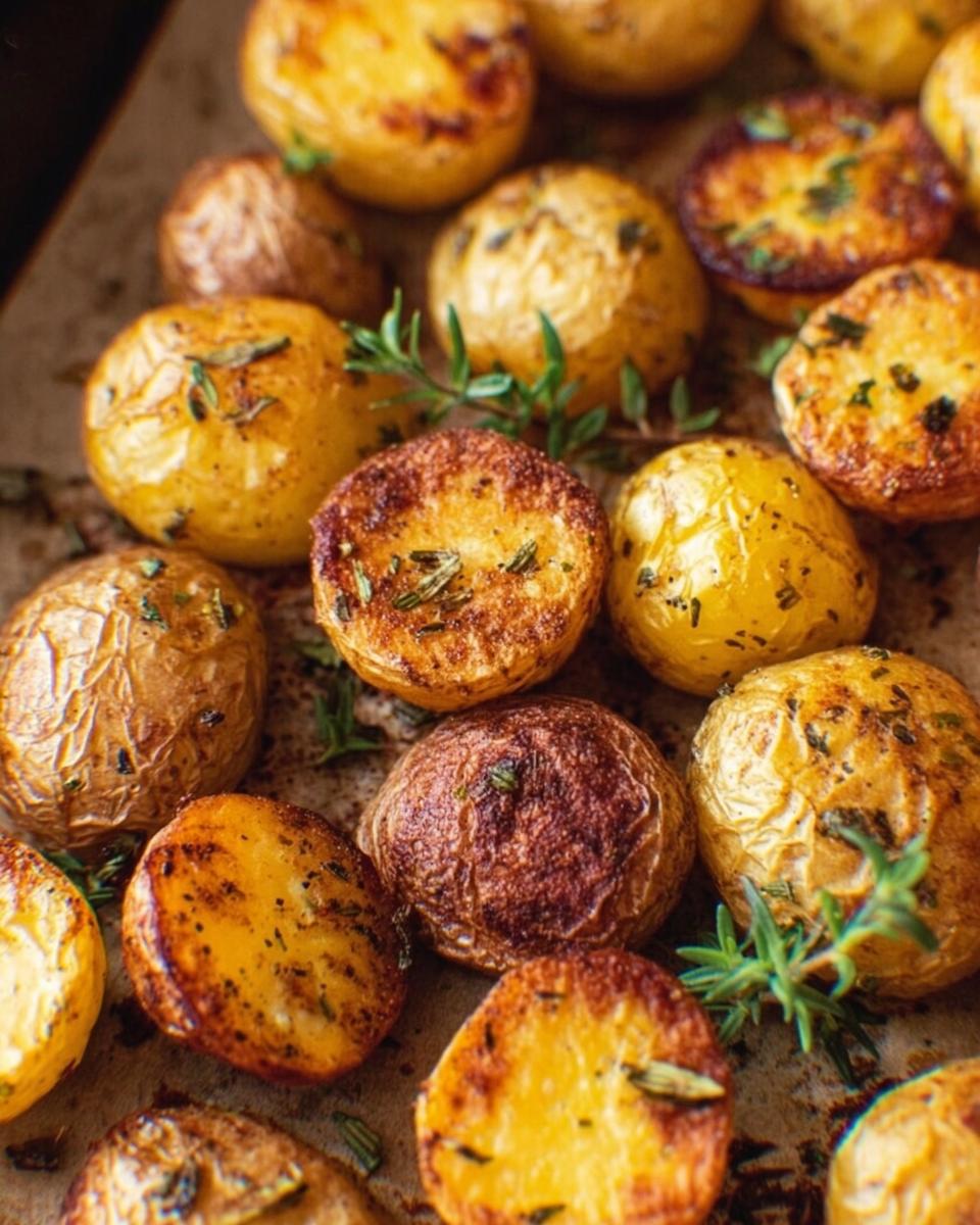 Close-up of golden, crispy Herb Roasted Baby Potatoes seasoned with herbs like rosemary and thyme.