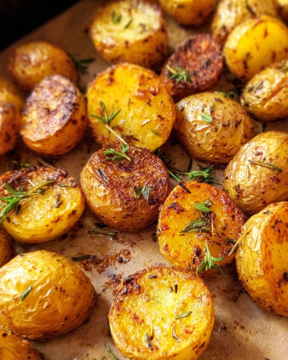 A close-up of golden brown Herb Roasted Baby Potatoes seasoned with fresh rosemary and thyme on a baking sheet.