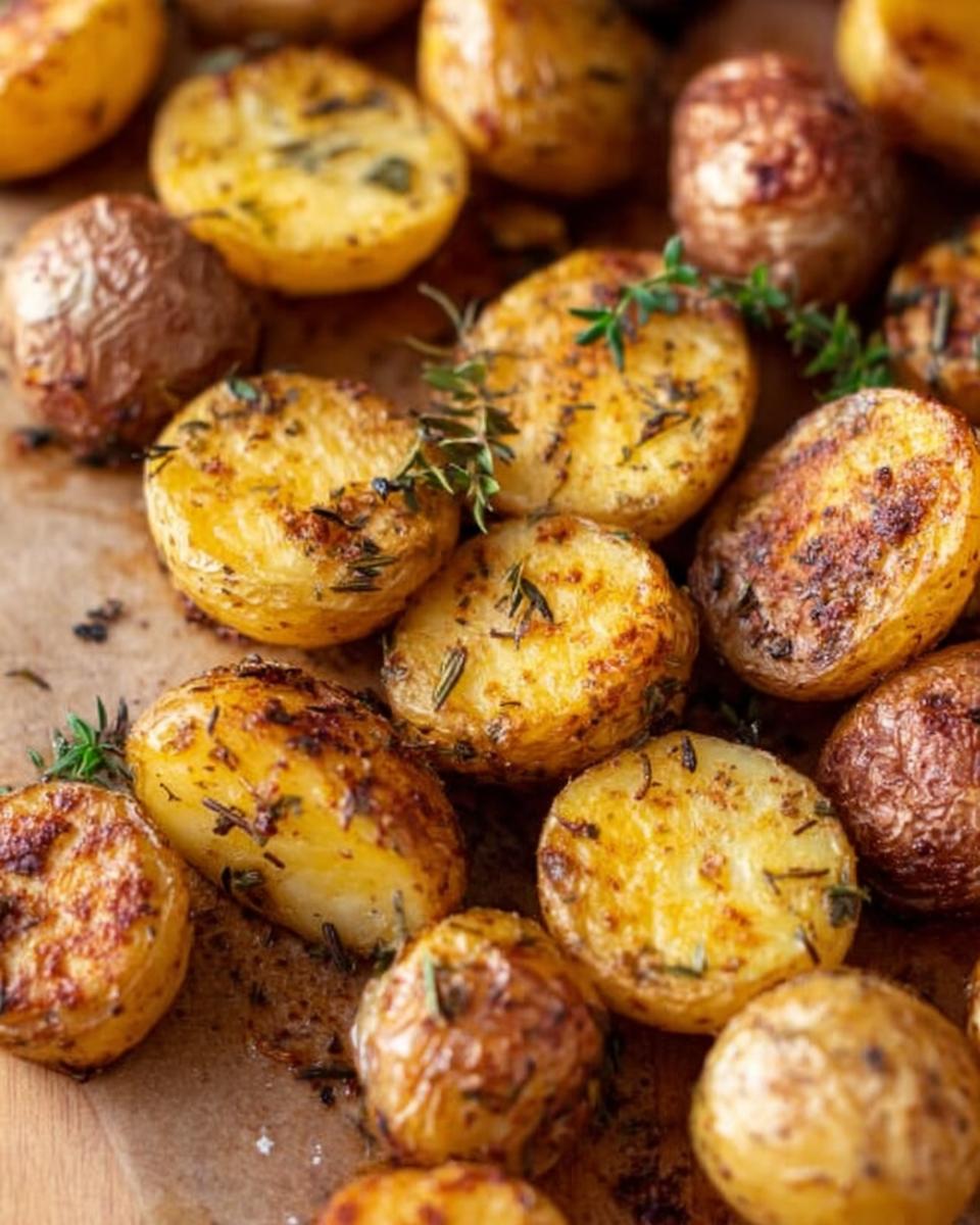 Close-up of perfectly golden Herb Roasted Baby Potatoes seasoned with visible herbs like thyme.