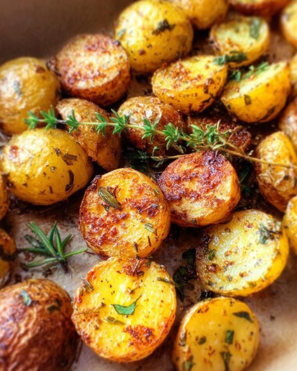 Close-up of golden, crispy Herb Roasted Baby Potatoes seasoned with herbs like rosemary and thyme.