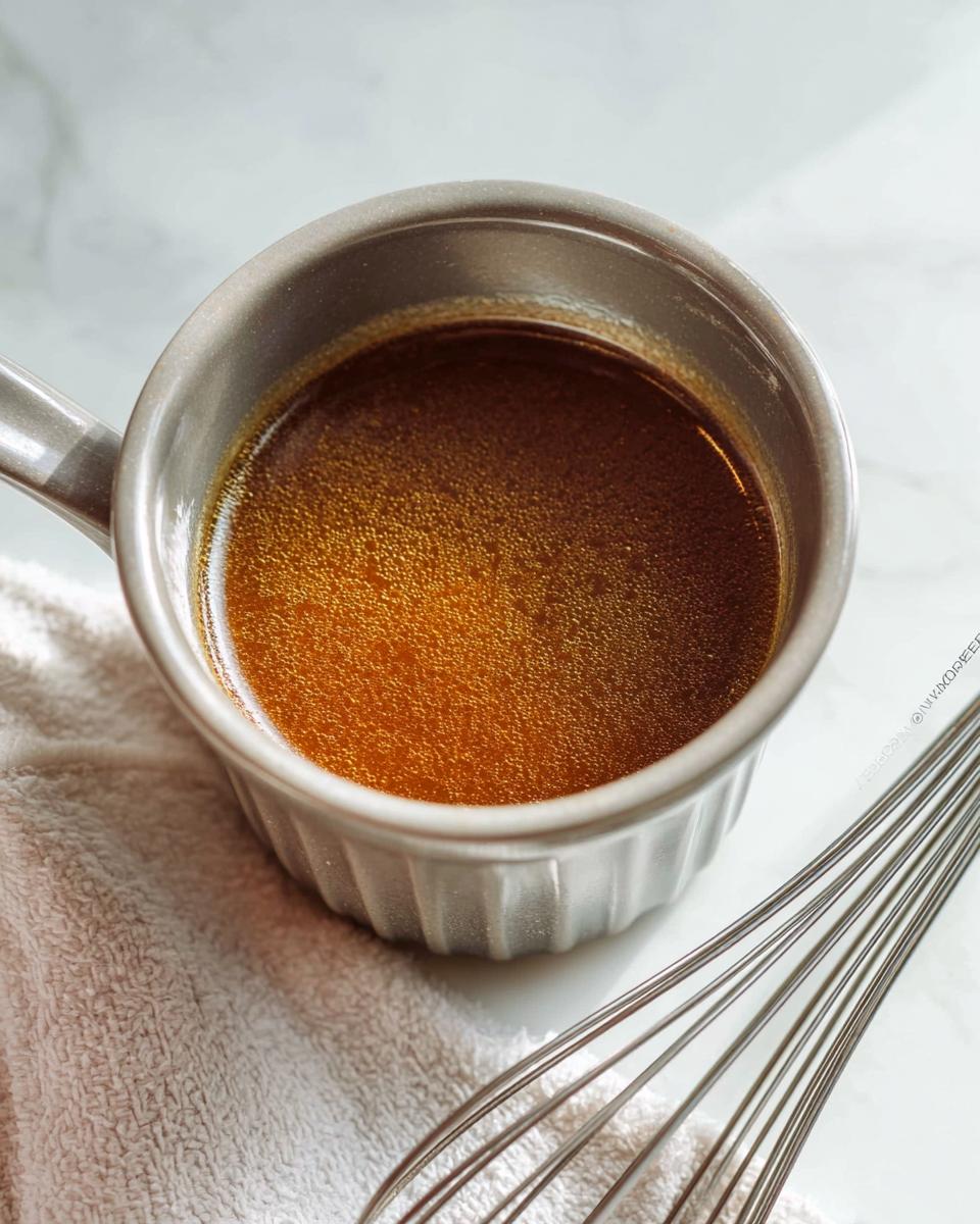 Close-up of rich brown homemade Au Jus recipe simmering in a small grey ramekin or sauce pot next to a whisk.
