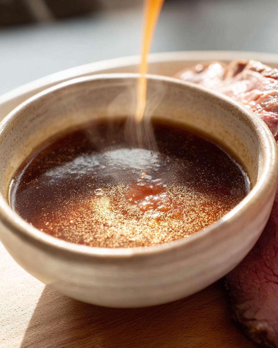 Close-up of steaming Homemade Au Jus without drippings being poured into a small bowl next to sliced roast beef.