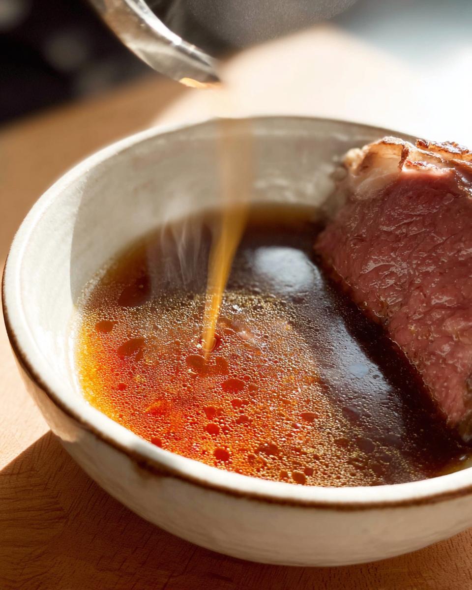 Close-up of rich, brown Homemade Au Jus without drippings being poured over a slice of rare roast beef in a white bowl.