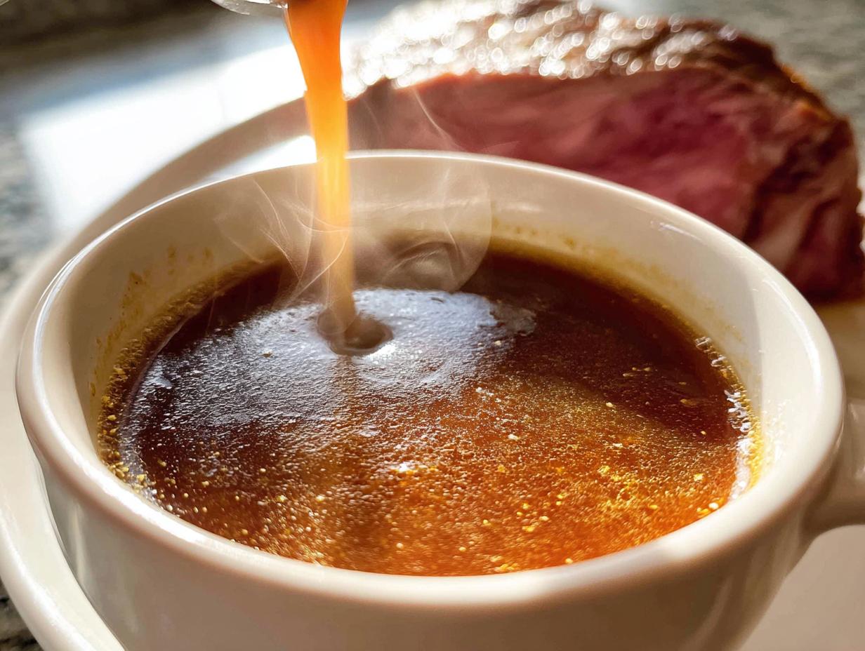 Close-up of steaming Homemade Au Jus without drippings being poured into a white mug next to a slice of roast beef.
