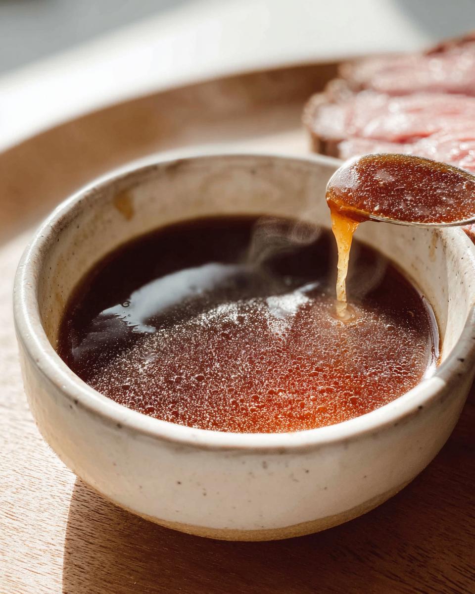 Close-up of steaming Homemade Au Jus without drippings being spooned from a rustic bowl, with roast beef visible in the background.