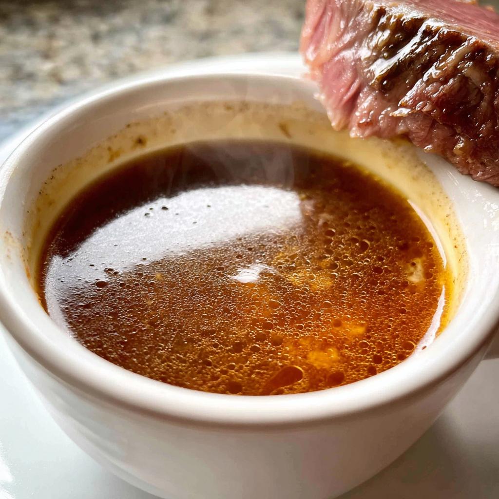 Close-up of rich, steaming Homemade Au Jus without drippings served in a small white bowl next to a slice of medium-rare steak.