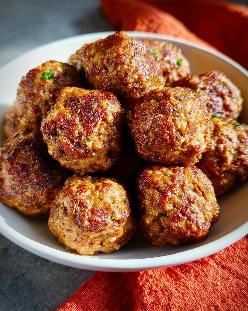 A close-up of several golden-brown, oven-baked Homemade Meatballs piled high in a white bowl.