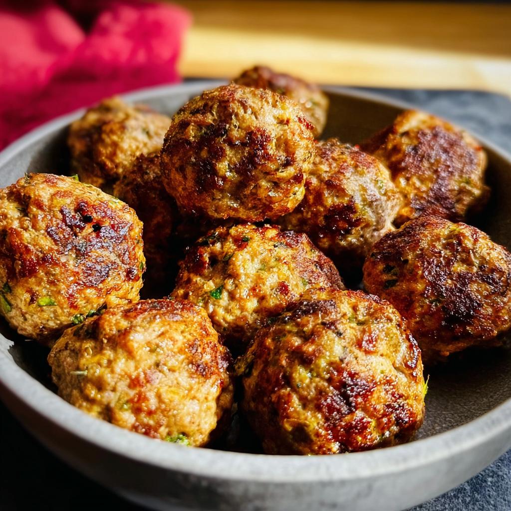 A close-up of several golden brown, oven-baked Homemade Meatballs piled high in a rustic grey bowl.