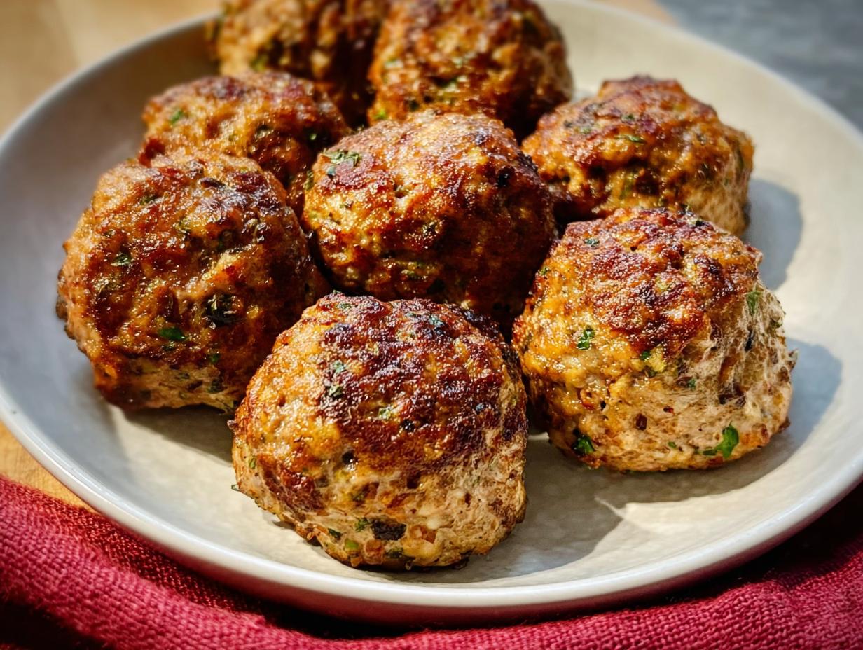 A close-up of several golden-brown Homemade Meatballs (Oven-Baked) served on a light gray plate.