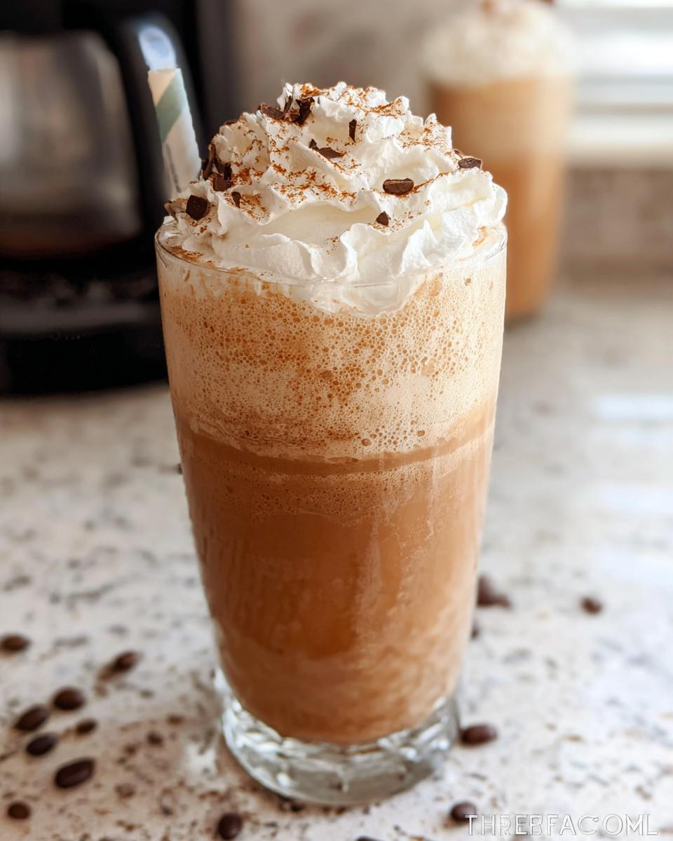 A tall glass filled with a blended Mocha Frappuccino, topped high with whipped cream, chocolate shavings, and cinnamon.