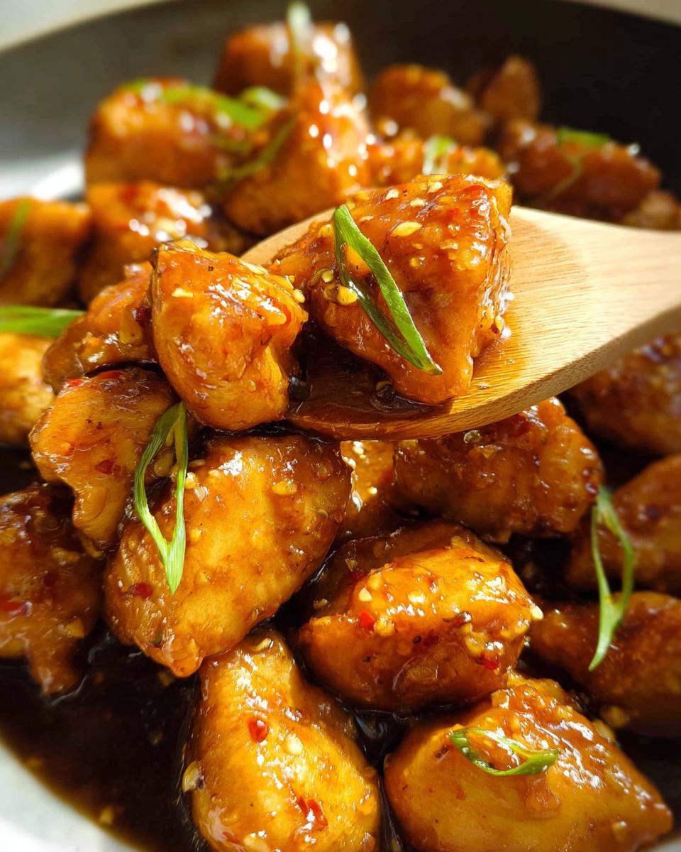 Close-up of glistening Honey Garlic Chicken Bites coated in a rich sauce, garnished with green onions and sesame seeds.