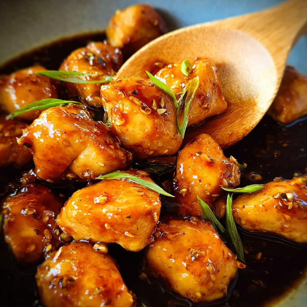Close-up of glossy Honey Garlic Chicken Bites coated in sauce, with a wooden spoon.