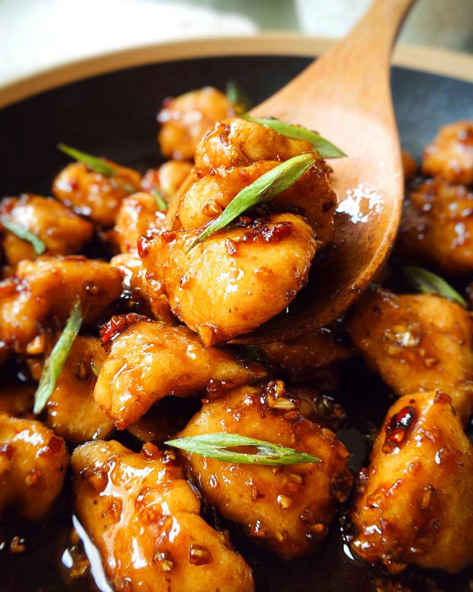Close-up of a wooden spoon scooping up glistening Honey Garlic Chicken Bites.