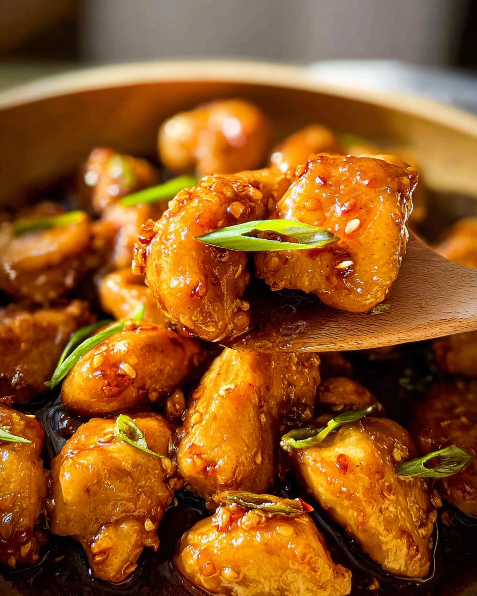 A wooden spoon lifts a cluster of glistening Honey Garlic Chicken Bites coated in a rich sauce, garnished with sesame seeds and green onions.