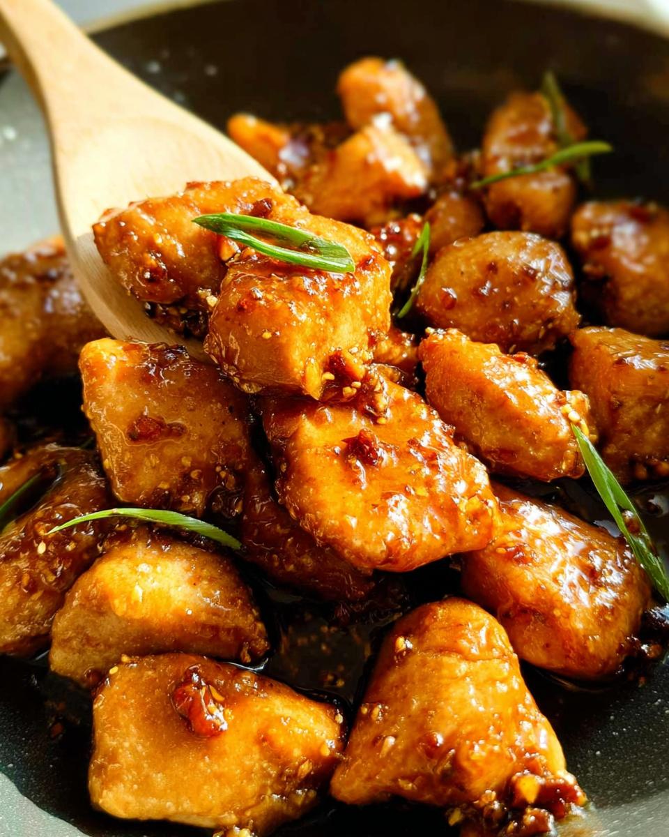 Close-up of glistening Honey Garlic Chicken Bites being scooped with a wooden spoon, garnished with green onions.