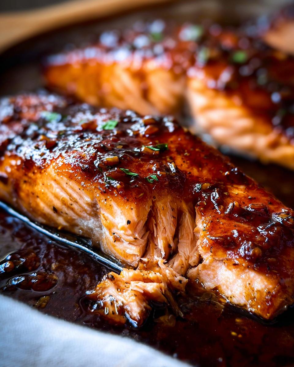 Close-up of a flaky, glazed Honey Garlic Salmon fillet with herbs.
