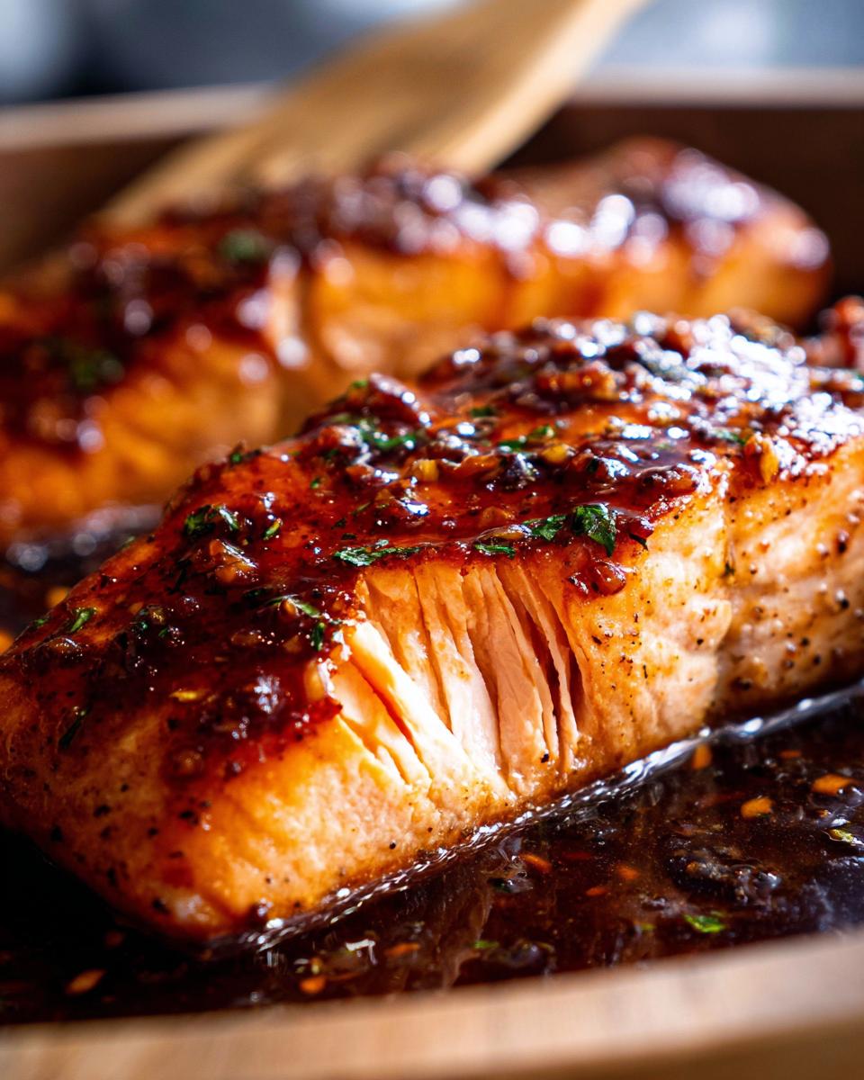 Close-up of a flaky Honey Garlic Salmon fillet glistening with sauce and herbs.