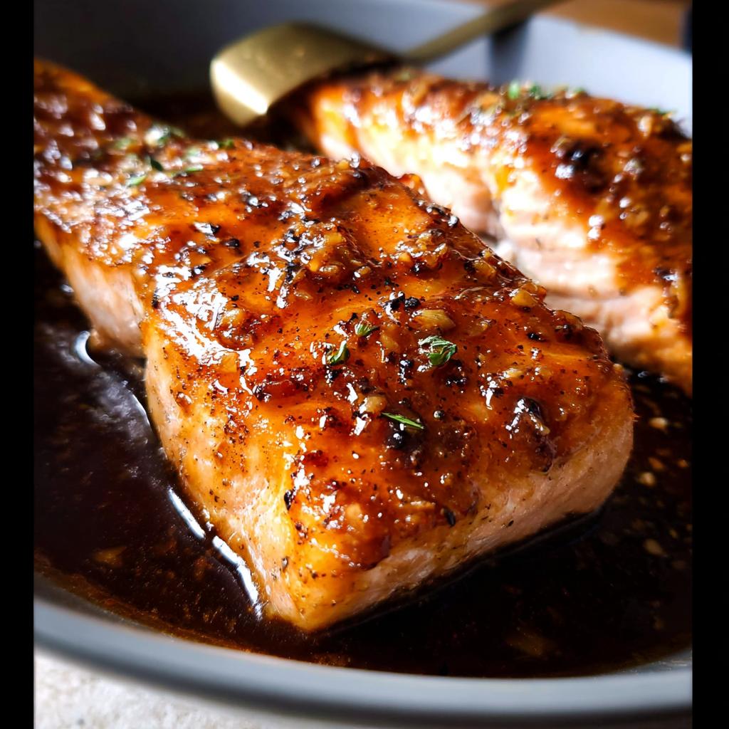 Close-up of two glistening Honey Garlic Salmon fillets in a dark sauce, garnished with herbs.