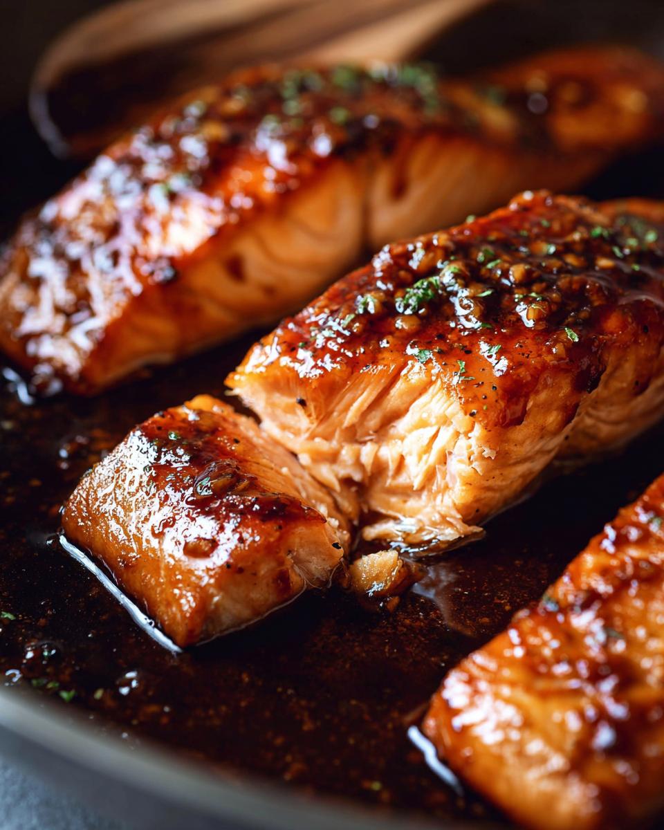 Close-up of flaky, glazed Honey Garlic Salmon fillets with fresh herbs sprinkled on top.