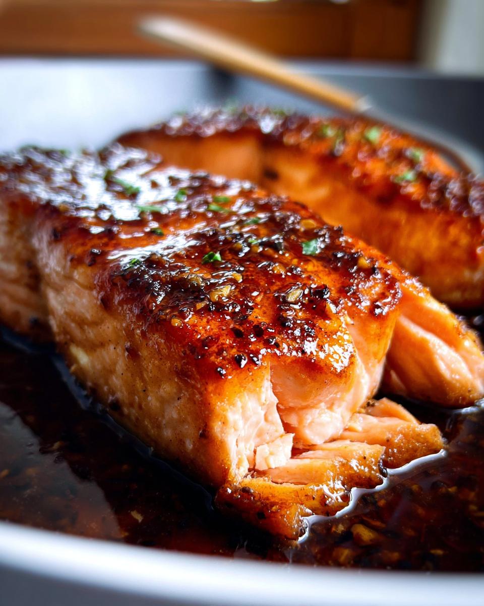 Close-up of flaky Honey Garlic Salmon fillets glazed with a rich sauce and sprinkled with herbs.