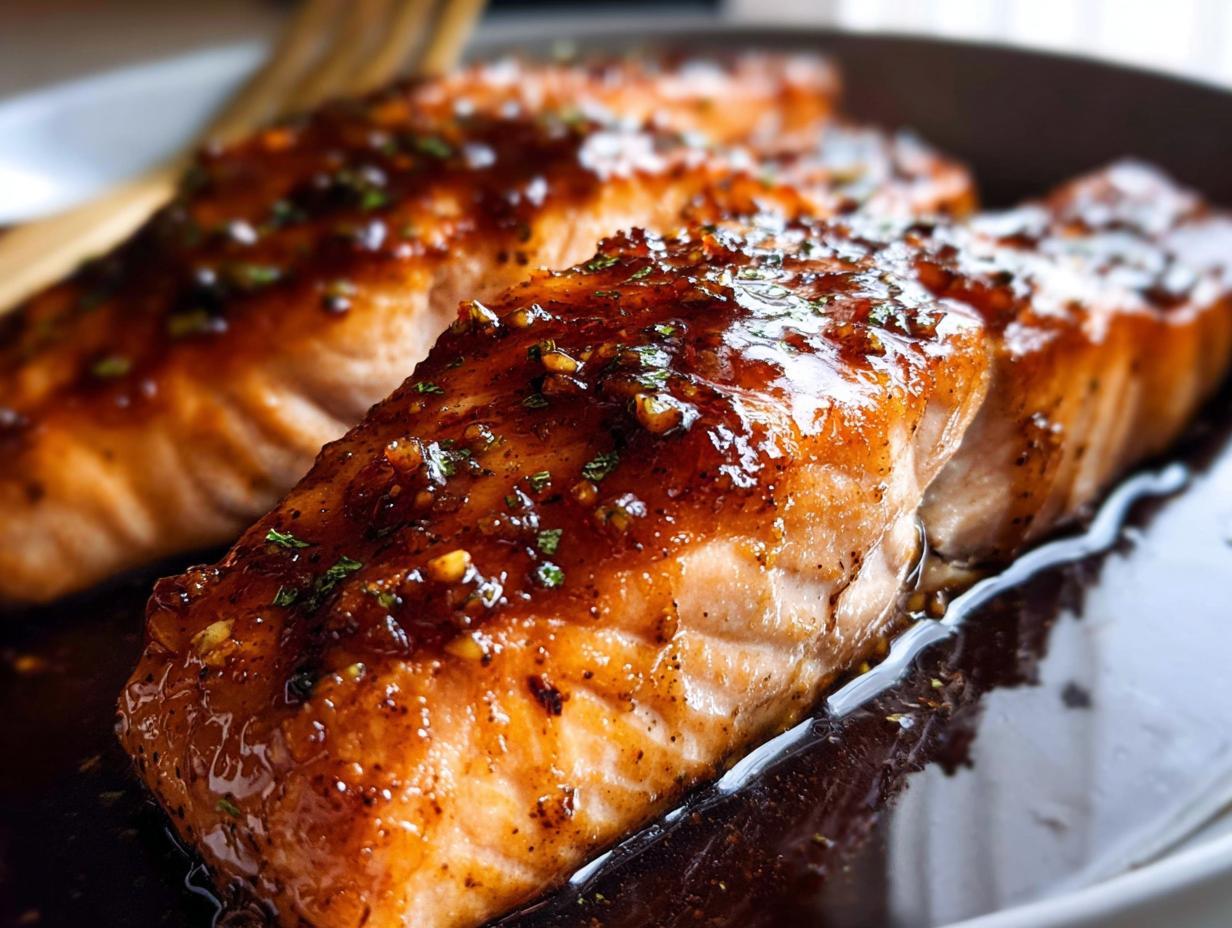 Close-up of flaky Honey Garlic Salmon fillets glazed with a rich sauce and sprinkled with herbs.