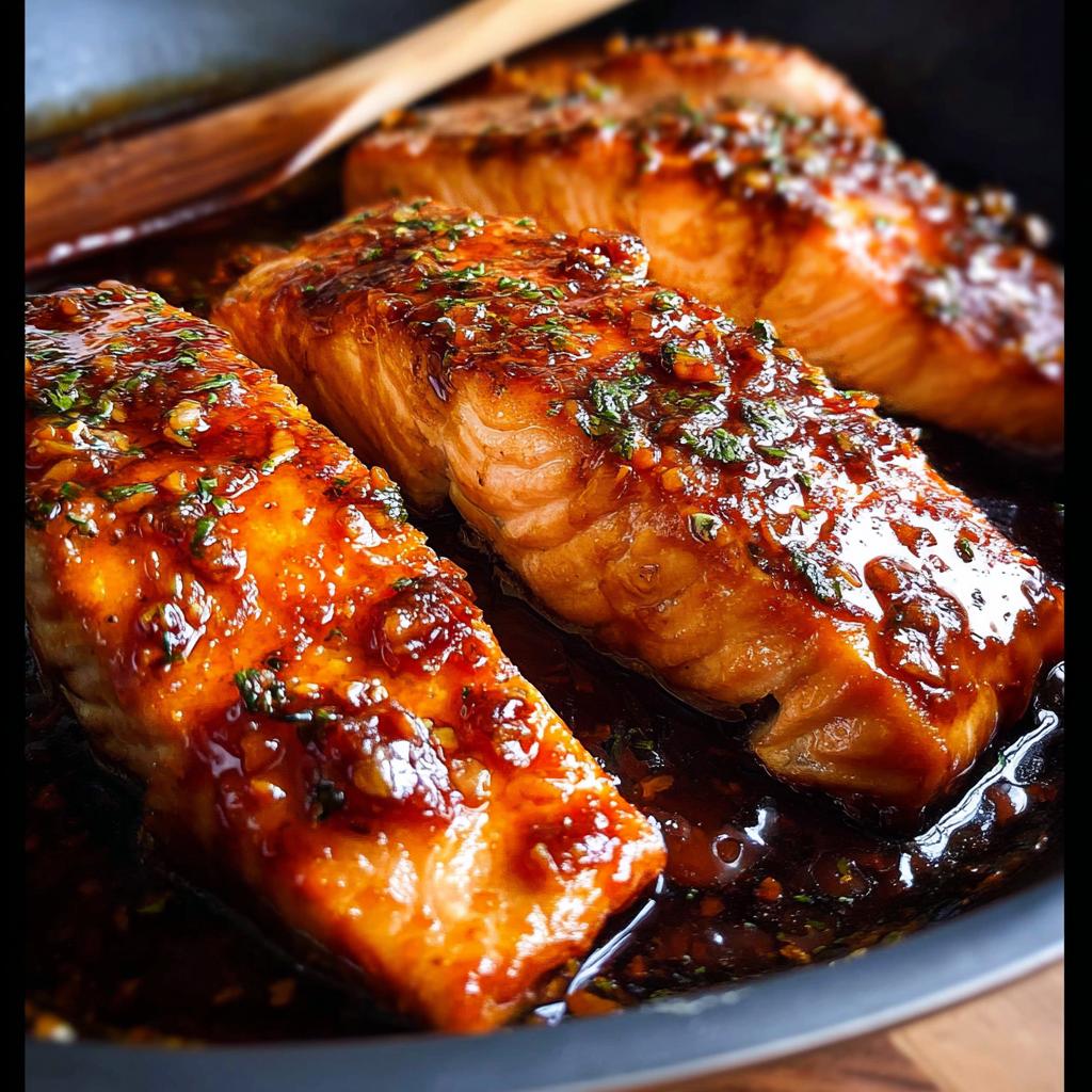 Close-up of three fillets of Honey Garlic Salmon glazed with a thick, dark sauce and fresh herbs in a skillet.