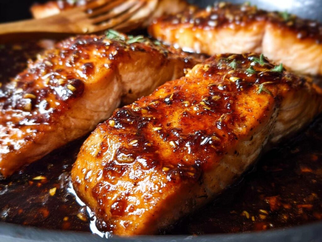 Close-up of perfectly cooked Honey Garlic Salmon fillets simmering in a rich, dark glaze in a skillet.