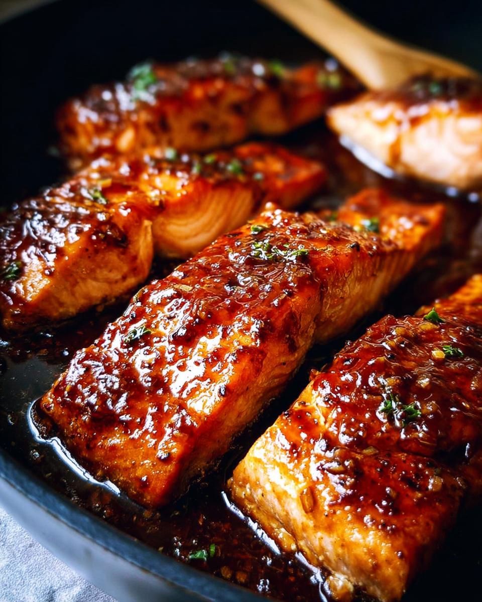 Close-up of several fillets of Honey Garlic Salmon cooking in a dark skillet, covered in a thick, glossy glaze.