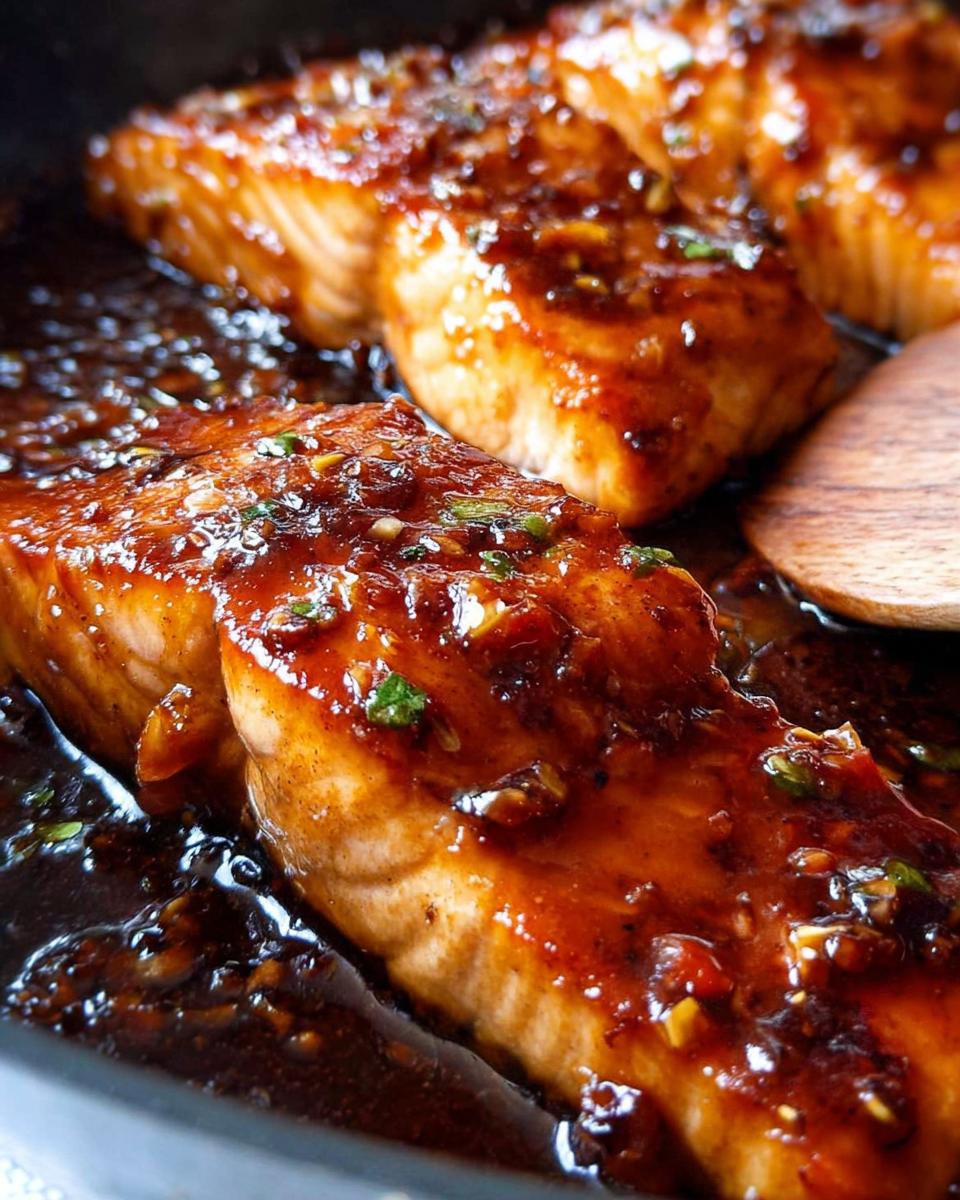 Close-up of three salmon fillets coated in thick, glossy honey garlic sauce cooking in a skillet.