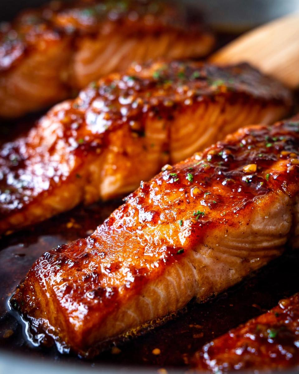 Close-up of perfectly cooked Honey Garlic Salmon fillets simmering in a rich, glossy glaze in a skillet.
