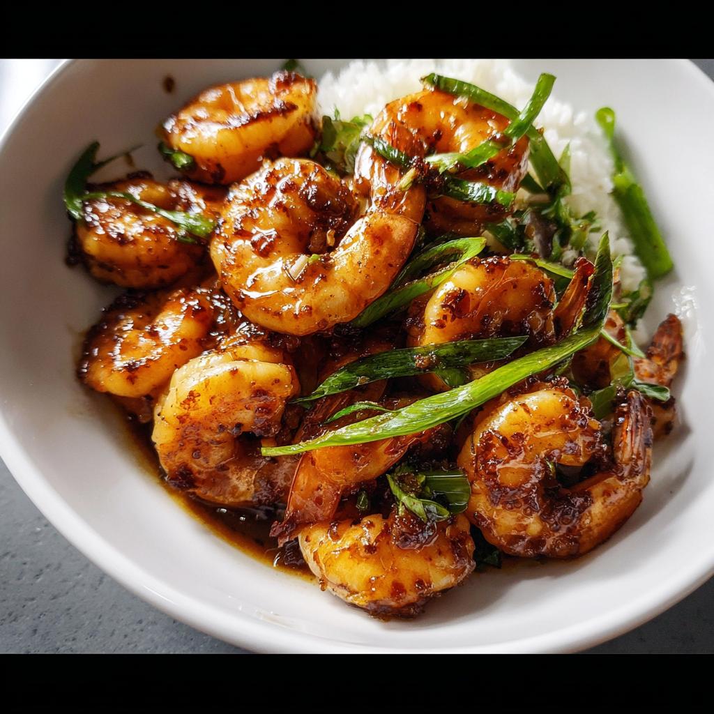 A close-up of Honey Garlic Shrimp Bowls with fluffy white rice and green onions.