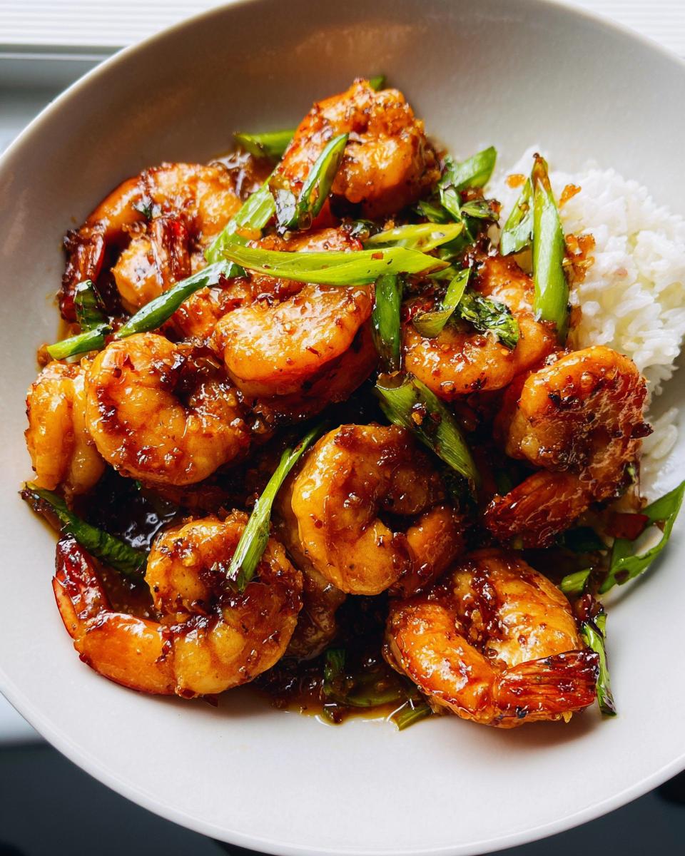A close-up of Honey Garlic Shrimp Bowls with plump shrimp coated in glistening sauce, served with fluffy white rice and green onions.