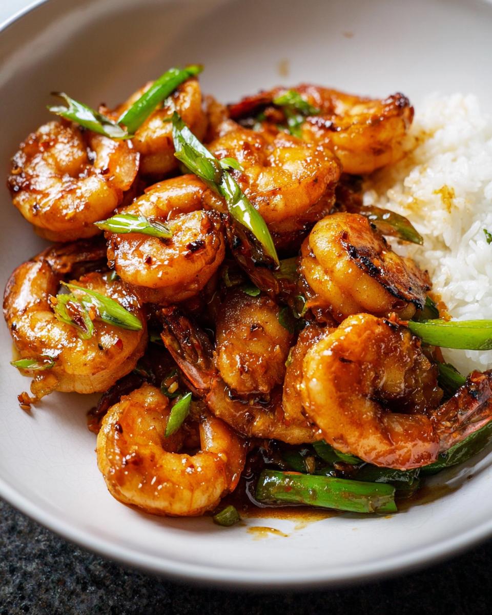 Close-up of glossy Honey Garlic Shrimp Bowls served with fluffy white rice and green onions.