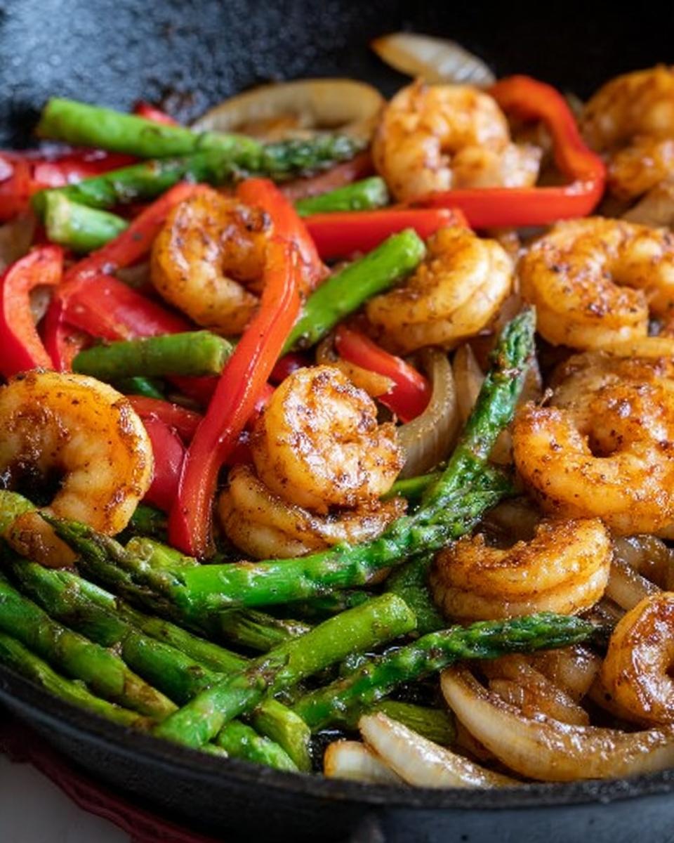Close-up of seasoned shrimp, bright green asparagus, red peppers, and onions in a skillet for Honey Garlic Shrimp Stir Fry.