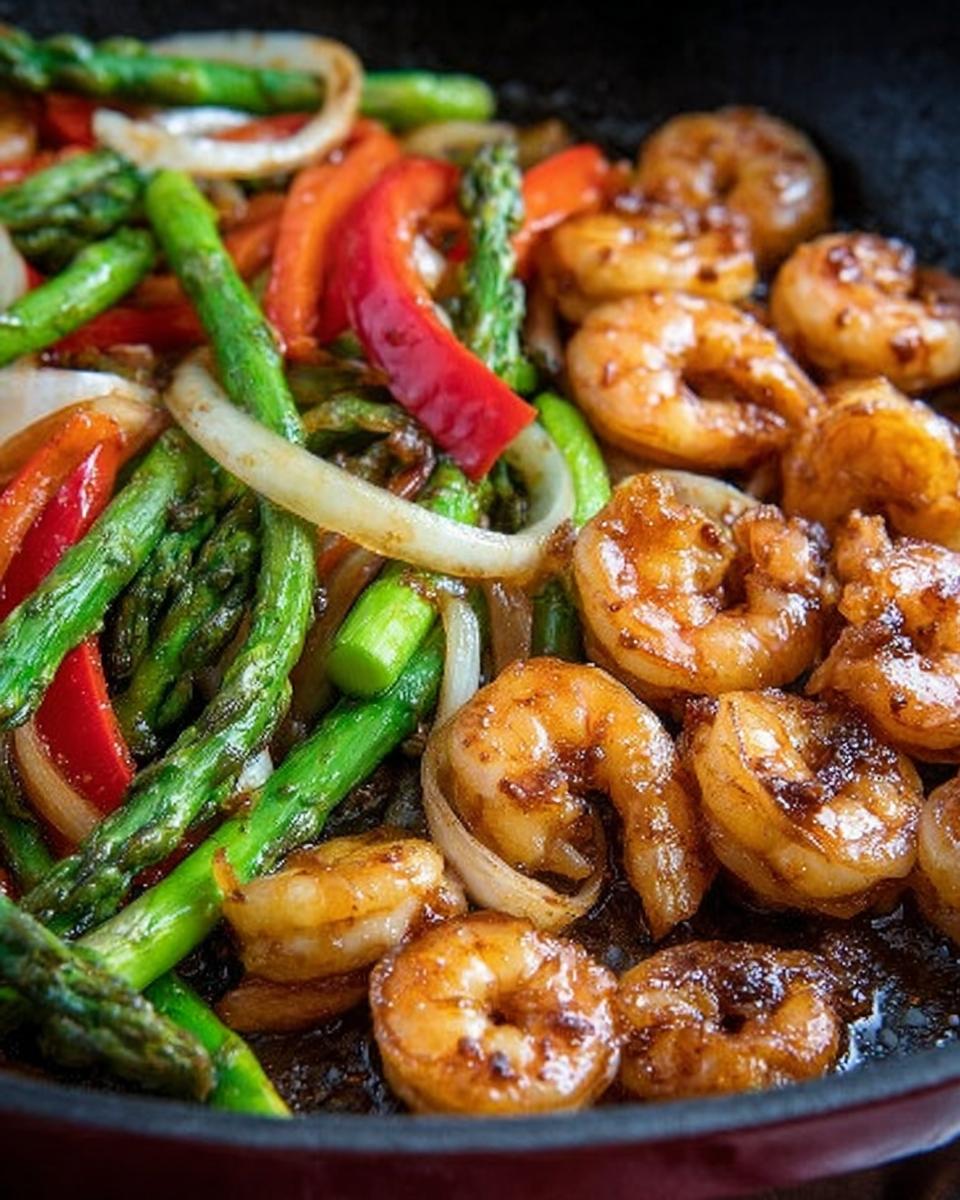 Close-up of glossy, glazed shrimp mixed with bright green asparagus, red peppers, and onions in a Honey Garlic Shrimp Stir Fry.