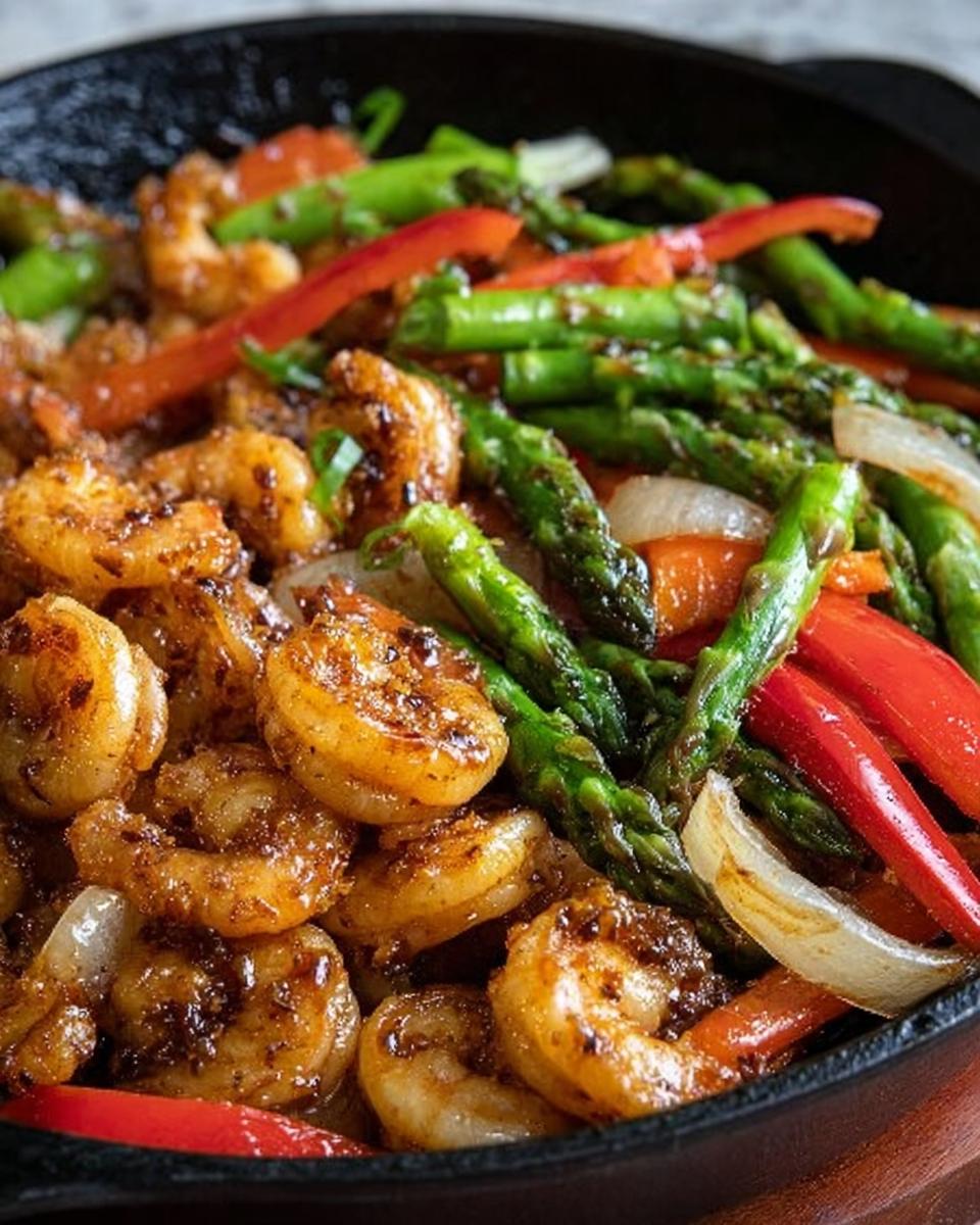 Close-up of glistening Honey Garlic Shrimp Stir Fry mixed with vibrant asparagus, red peppers, and onions in a black skillet.