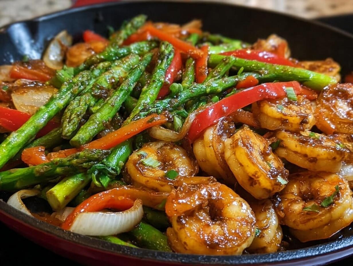 Close-up of glossy, glazed shrimp mixed with bright green asparagus and red peppers in a Honey Garlic Shrimp Stir Fry.